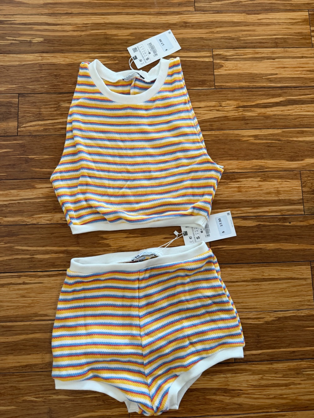 Zara Striped Knit Shorts Set in Yellow, Blue & White